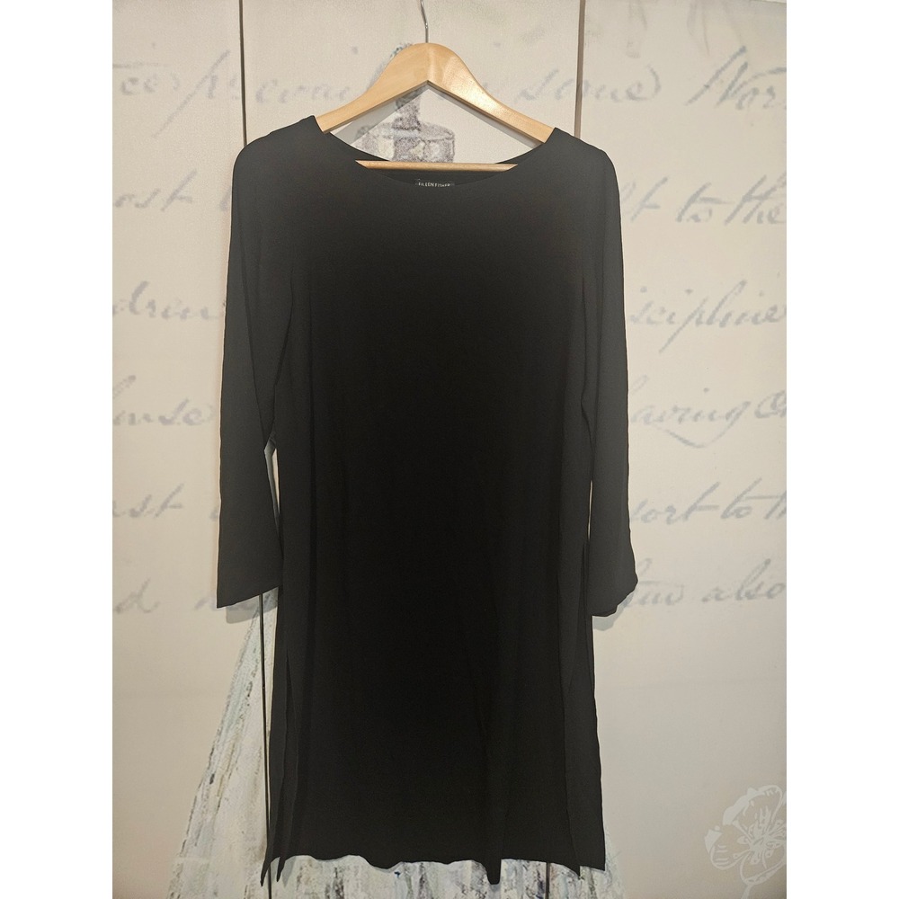 Eileen Fisher Black 100% Silk Long Sleeve Tunic Shift‎ Dress Side Slits XS